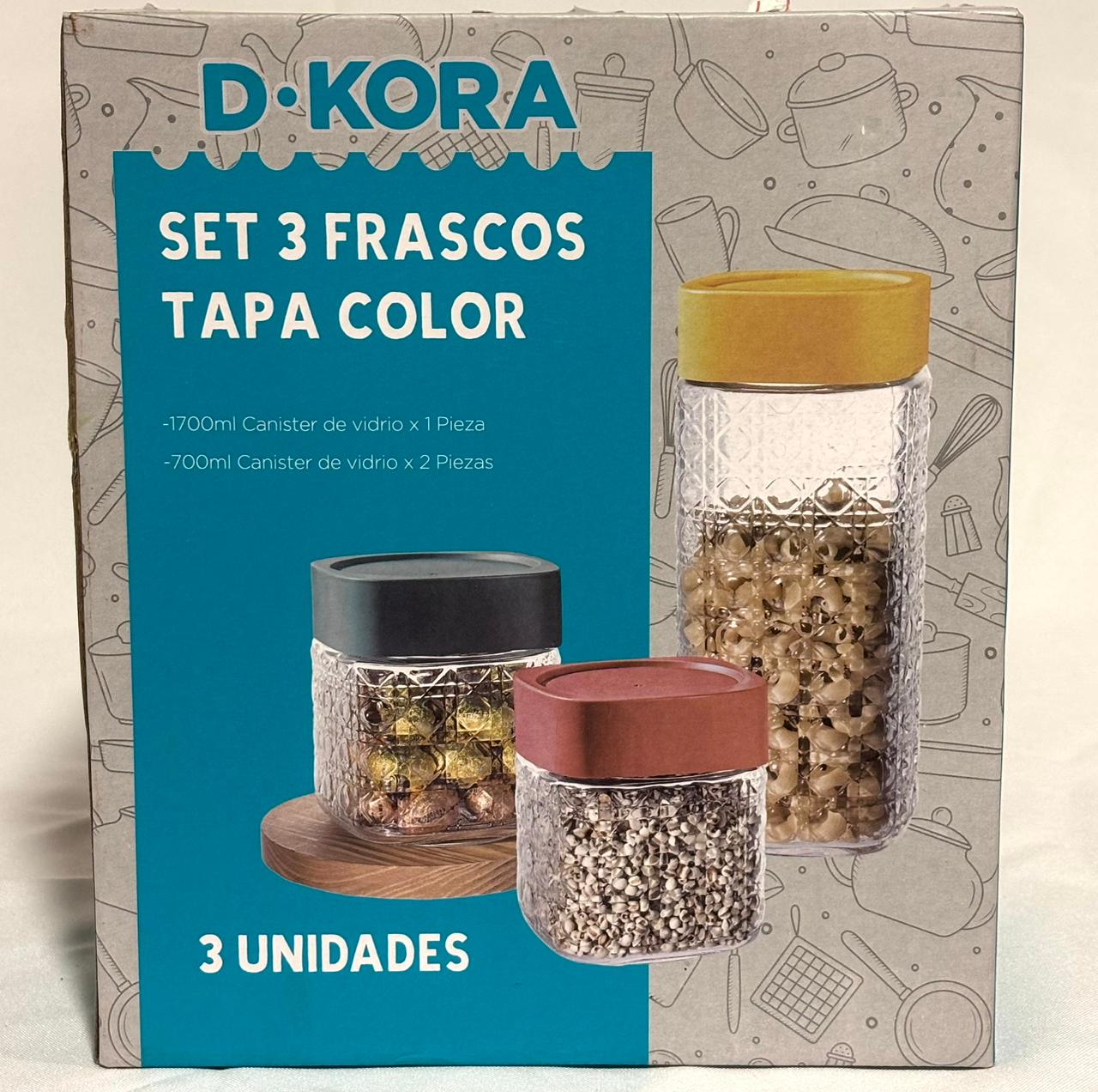 Set 3 Frascos de Vidrio D·Kora con Tapa Color - 1700ml y 700ml